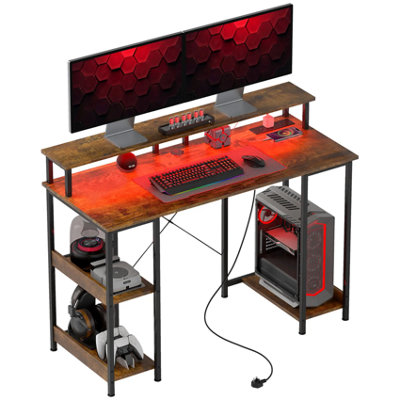 Furnold Light Industrial Computer Desk With Usb Outlets, Led S, And Storage Shelves 120Cm