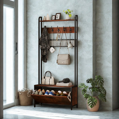  - Industrial Entryway Hall Tree Coat Rack Stand With Shoe Storage And 10 Hooks