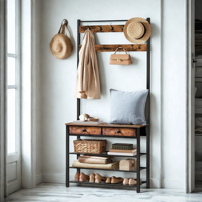  - Industrial Entryway Hall Tree Coat Rack Stand With Shoe StorageHooksAnd Drawers