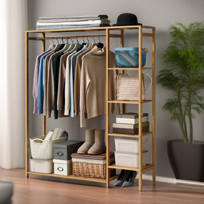 BMBO Natural Wooden Wooden Clothes Rail With 5 Shelves Open Wardrobe Garment Rail Garment Rack from B&Q