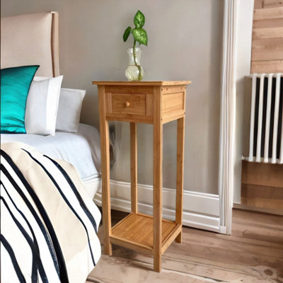 BMBO 2 Tier Tall Wooden Side Table With Drawer Natural Brown from B&Q