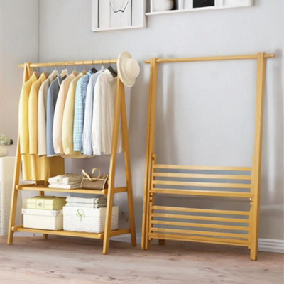 B&Q -  Wooden Folding Open Wardrobe Garment Rail With Storage Shelf Natural Brown