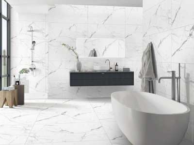 Premium Carrara White Marble Effect Large Format 600X1200mm Polished Porcelain Tile (Pack Of 2) Coverage Of 1.44M2 from B&Q
