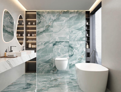 Luxury Aqua Turquoise Onyx Marble Effect 60X120Cm Polished Porcelain Wall & Floor Tile (Pack Of Two Coverage Of 1.44Sqm) from B&Q