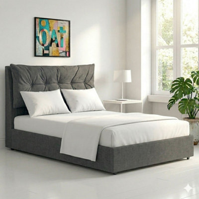 OAT Home Prestbury Modern Pillow Headboard Upholstered Ottoman Storage Double Bed FrameCharcoal Grey from B&Q