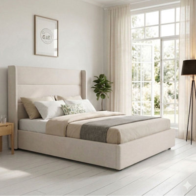 B&Q -  Wilmslow Winged Headboard Upholstered Ottoman Storage King Size Bed FrameNatural