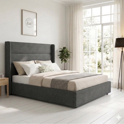 B&Q -  Wilmslow Winged Headboard Upholstered Ottoman Storage King Size Bed FrameCharcoal Grey