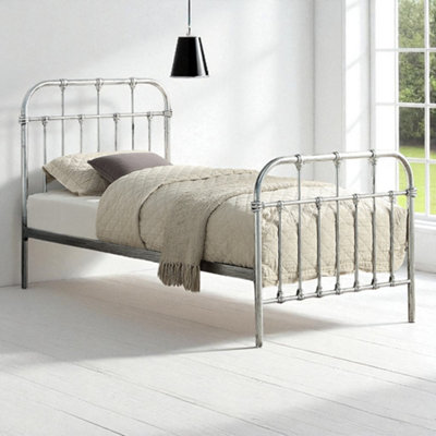Oat Home Camden Distressed Steel Effect Victorian Hospital Metal Single Bed Frame Silver