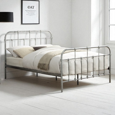 Oat Home Camden Distressed Steel Effect Victorian Hospital Metal Small Double Bed Frame Silver