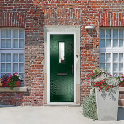 B&Q -  Composite Door Sunningdale Green 920mm X 2090mm Open In Left Hand Clear Glass 10 Year GuaranteeFree Delivery & Smart Lock