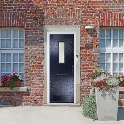 B&Q -  Composite Door Sunningdale Blue 920mm X 2090mm Open In Left Hand Obs Glass 10 Year GuaranteeFree Delivery & Smart Lock
