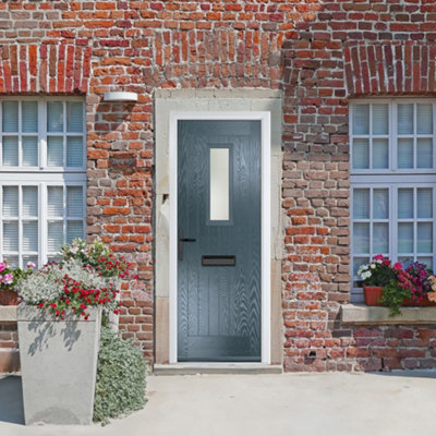 B&Q -  Composite Door Sunningdale 7015 Grey 920mm X 2090mm Open In Right Hand Obs Glass 10 Year GuaranteeFree Delivery & Smart Lock