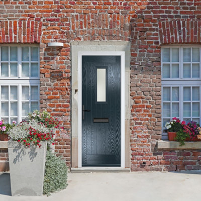 B&Q -  Composite Door Sunningdale 7016 Grey 920mm X 2090mm Open In Right Hand Obs Glass 10 Year GuaranteeFree Delivery & Smart Lock