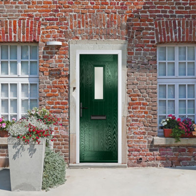 B&Q -  Composite Door Sunningdale Green 920mm X 2090mm Open In Right Hand Obs Glass 10 Year GuaranteeFree Delivery & Smart Lock