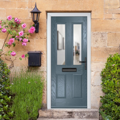 B&Q -  Composite Door Carnoustie 7015 Grey 890mm X 2090mm Open In Left Hand Clear Glass 10 Year GuaranteeFree Delivery & Smart Lock