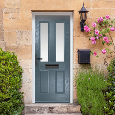 B&Q -  Composite Door Carnoustie 7015 Grey 890mm X 2090mm Open In Right Hand Obs Glass 10 Year GuaranteeFree Delivery & Smart Lock