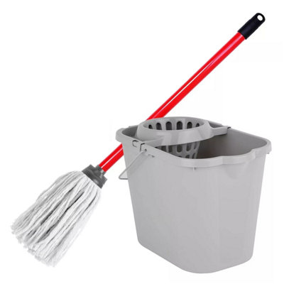 HEATON WHOLESALE Cotton Floor Mop With Handle & Grey 12L Bucket Set Perfect For Cleaning Hard Floors from B&Q