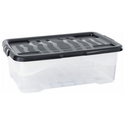 HEATON WHOLESALE 1 X 24L Clear Plastic Curve Storage Container With Black Lid Ideal For Home & Office Organisation from B&Q