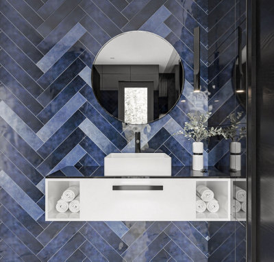 B&Q -  Blue Gloss Metro Ceramic Wall Tile Flat BumpySample