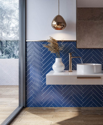 B&Q -  Navy Blue Matt Flat Bumpy Metro Ceramic Wall TileSample