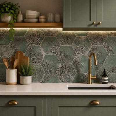 B&Q -  Décor Green Hexagon Porcelain Floor Wall Tile (L)21.5Cm X (W)25Cm Each Box 0.40Sqm