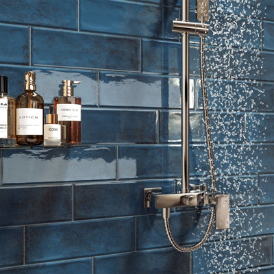 Top Ceramics Blue Gloss Metro Ceramic Wall Tile Flat Bumpy (L)300mm X (W)100mm Each Box 0.84Sqm from B&Q