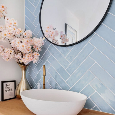 B&Q -  Light Blue Gloss Flat Bumpy Metro Ceramic Wall Tile (L)300mm X (W)75mm Each Box 1Sqm