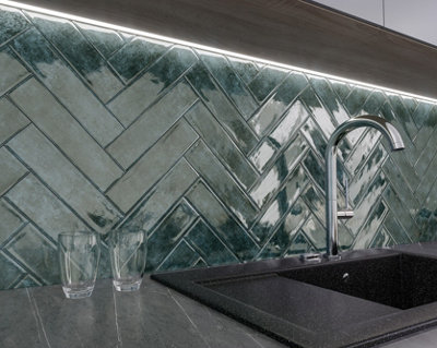 Top Ceramics Blue Gloss Flat Bumpy Metro Ceramic Wall Tile (L)300mm X (W)75mm Each Box 1Sqm from B&Q
