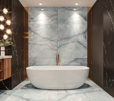 B&Q -  Light Blue Marble Effect Tiles High Gloss Floor & Wall Porcelain (L)120Cm X (W)60Cm Each Box 1.44Sqm
