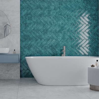 Top Ceramics Blue Gloss Flat Bumpy Metro Ceramic Wall Tile (L)300mm X (W)75mm Each Box 1Sqm from B&Q