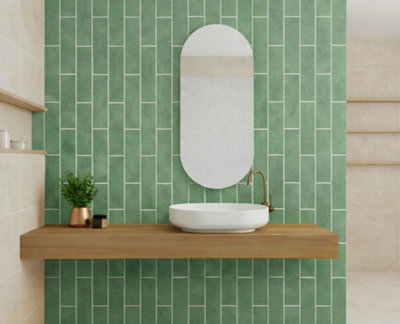 Top Ceramics Green Gloss Flat Bumpy Metro Ceramic Wall Tile (L)300mm X (W)75mm Each Box 1Sqm from B&Q