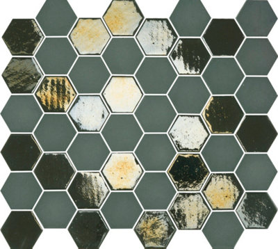 B&Q -  Green Khaki Hexagon Mosaic Tile Mix. High Gloss / Matt (L)330 X (W)298mm