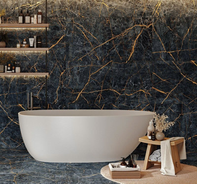 B&Q -  Black Gold Carving Marble Effect Tiles Porcelain Matt Floor Wall (L)60Cm X (W)60Cm Each Box 1.44Sqm