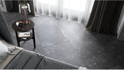 B&Q -  Black Terrazzo Effect Tiles Porcelain Matt Floor WallSample