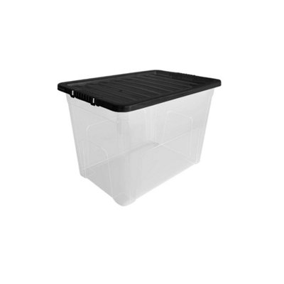 80L Plastic Storage Boxes With Black Lids Clear Stackable Organizers For Home Garage Tools And Clothes from B&Q