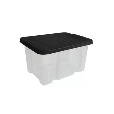 3X 80L Plastic Storage Box With Secure Black Lid Stackable Clear Organiser For HomeGarage & Office from B&Q
