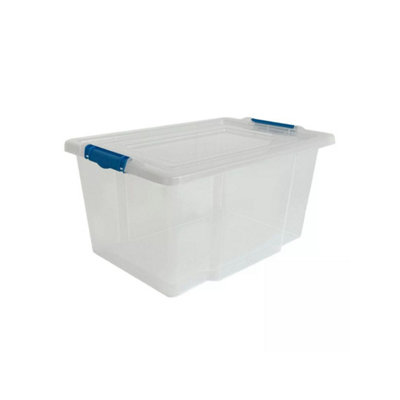  - Set Of 5 Of 50L Clear Plastic Storage Boxes With Blue Clip Lids DurableStackable And Space Saving Storage Solution