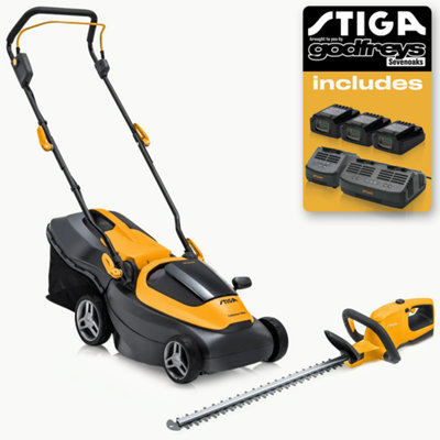 Stiga Collector 136E Battery Lawnmower 34Cm & Ht100E Battery Hedge Trimmer Kit from B&Q