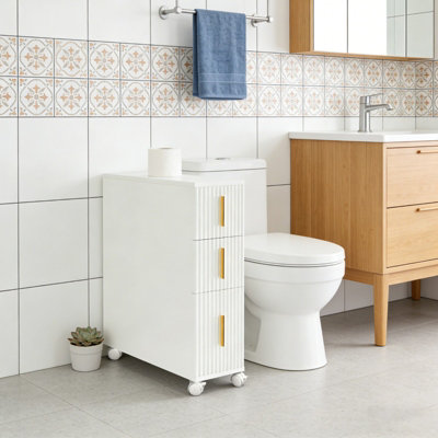 B&Q -  Slim Bathroom Cabinet On Wheels Toilet Paper Roll Holder Cabinet With 3 Drawers