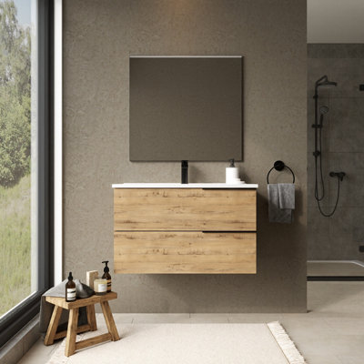 Banyetti Celtic 800mm Wall Hung Bathroom Vanity Unit With Athena BasinOstippo Oak from B&Q