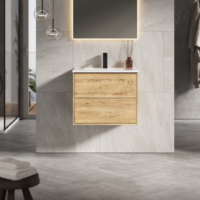 Banyetti Venti 600mm Wall Hung Vanity Unit With Athena BasinOstippo Oak from B&Q