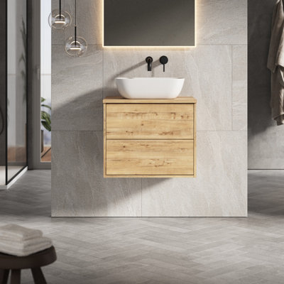 Banyetti Venti 600Mm Wall Hung Vanity Unit With Matching Worktop - Ostippo Oak