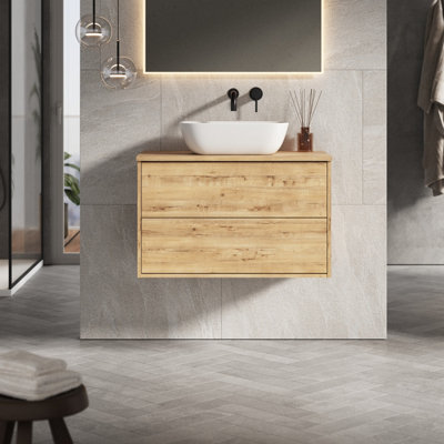 Banyetti Venti 800mm Wall Hung Vanity Unit With Matching WorktopOstippo Oak from B&Q