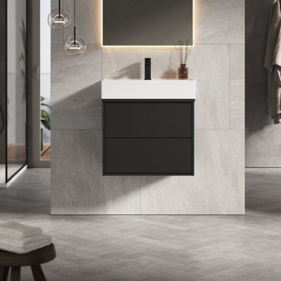 Banyetti Venti 600mm Wall Hung Vanity Unit With Veneto 1 Tap Hole BasinMatt Black from B&Q