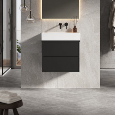 Banyetti Venti 600mm Wall Hung Vanity Unit With Veneto 0 Tap Hole BasinMatt Black from B&Q