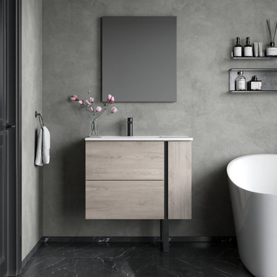 B&Q -  Evora 800mm Wall Hung Basin Unit With Lira BasinIron Oak
