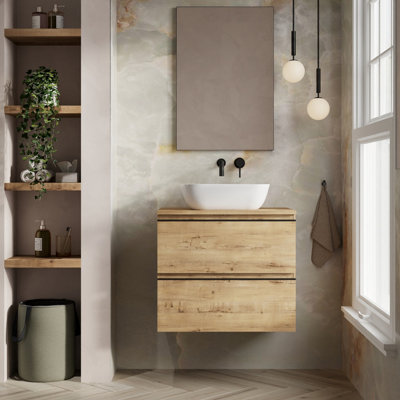 Banyetti Unisex Light Oak Vatilla 600Mm Wall Hung Vanity Unit With Matching Worktop - Ostippo Oak In - Image 2