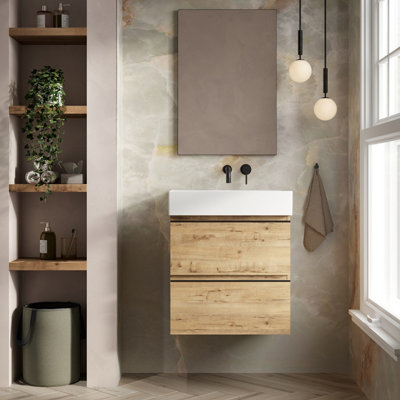 B&Q -  Vatilla 600mm Wall Hung Basin Unit With Veneto No Tap Hole BasinOstippo Oak