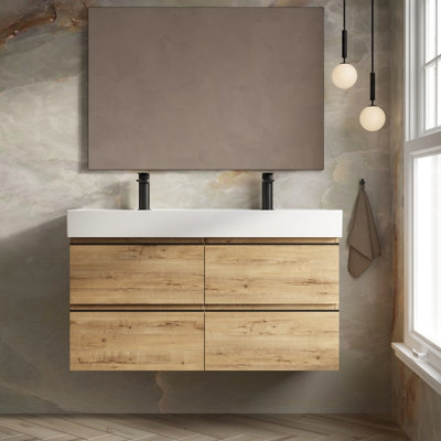 Banyetti Vatilla 1200mm Wall Hung Vanity Unit With Veneto 2 Tap Hole BasinOstippo Oak from B&Q