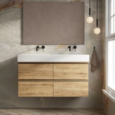 Banyetti Vatilla 1200mm Wall Hung Vanity Unit With Veneto No Tap Hole BasinOstippo Oak from B&Q